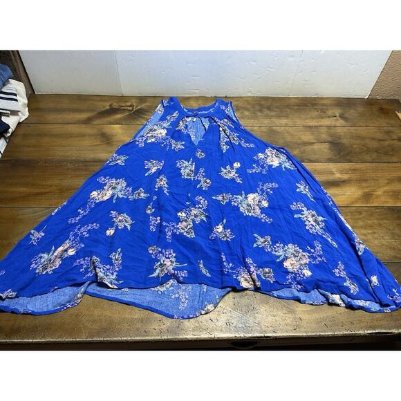 FREE PEOPLE Floral Sleeveless Mini Swing Blue Keyhole Dress Size XS - Picture 1 of 10